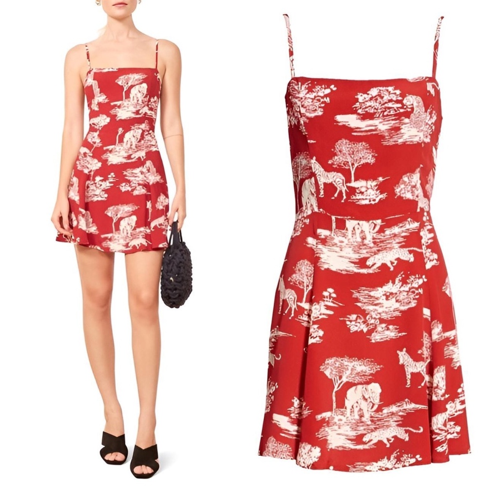 Reformation Mini Dress in Red Wildlife Print